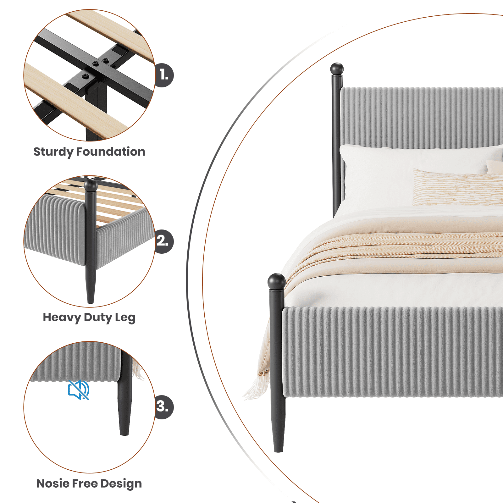 Full Size Upholstered Bed Frame with Velvet Headboard, Soft Corduroy Fabric Platform Bed with Wooden Slats Support, No Box Spring Needed, Grey