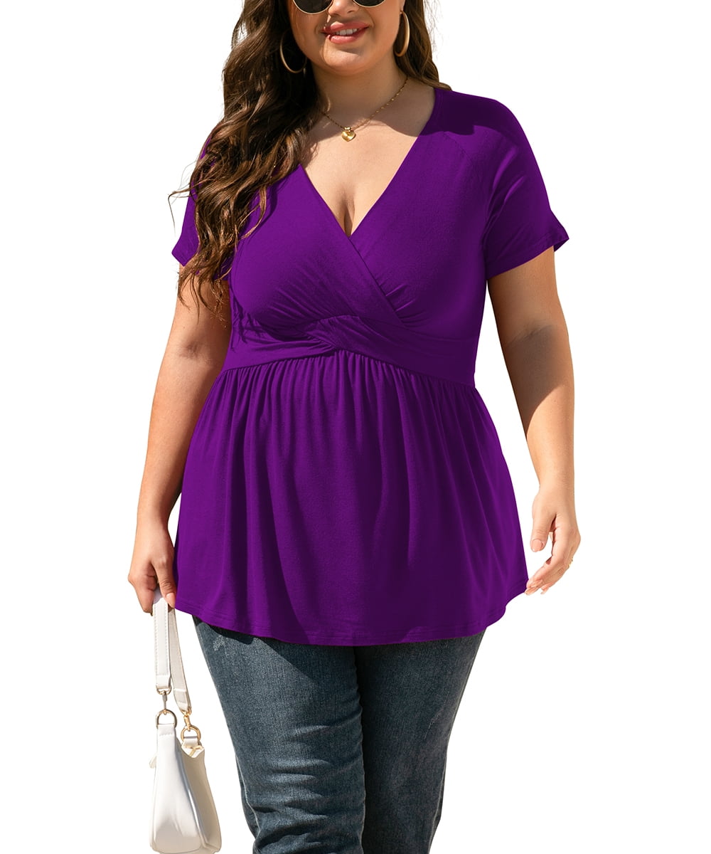 Uvplove Women's Plus Size Dressy Tops Short Sleeve Tunic Top V Neck Low ...