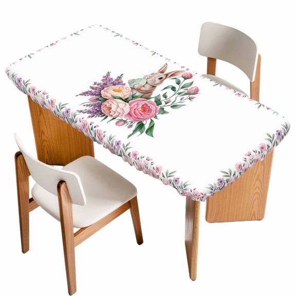 Easter Bunny Roses Table Cloths for 5 Foot Rectangle Tables, Pink Floral Spring Botanical Patio Waterproof Elastic Fitted Tablecloths, Washable Rectangular Table Cover for Camping