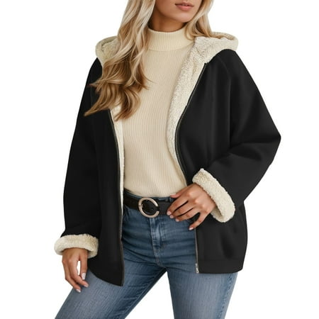 ANINEO Women Winter Coats Lined Warm Jackets Casual Zip Up Hoodie Long Sleeve Warm Jacket With Pockets Fashion Solid Color Holiday