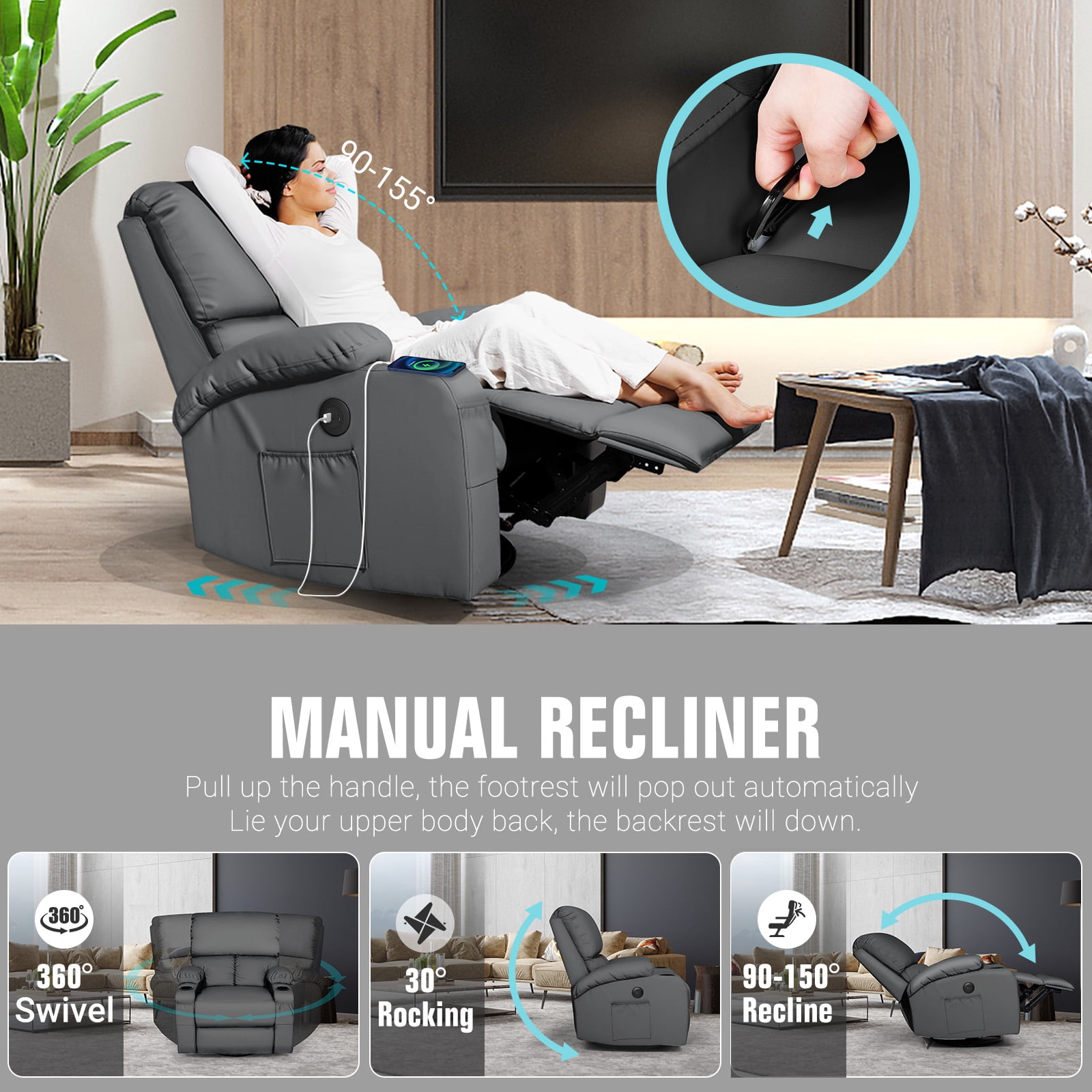 Rocking Recliner Chair, Massage Rocker Recliner Chair with Vibration Massage and Heat, USB and Type-C Ports,360° Swivel Faux Leather Chairs, Living Room, Bedroom, Nursery, RV, Dark grey