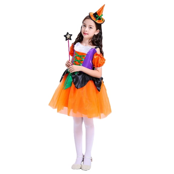 Glisme Halloween Toddler Girls Outfit Set Colorblock Short Sleeve Crew Neck Dress With Witch Hat And Agic Wand Set Girls Autumn Daily Cozy Outfit Size 3-4 Years Yellow