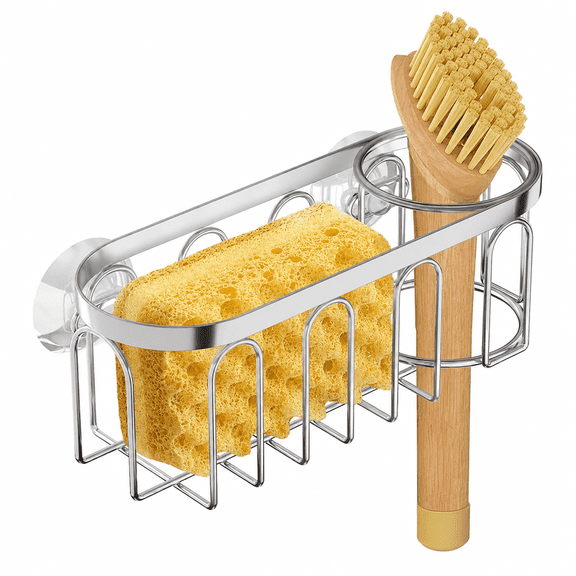 2-in-1 Kitchen Sink Caddy, Rustproof Stainless Steel Sink Sponge Holder, No Drill Sink Organizer with 3 Suction Cups, Multipurpose In Sink Sponge Holder for Dish Brush, Soap and Kitchen Accessories