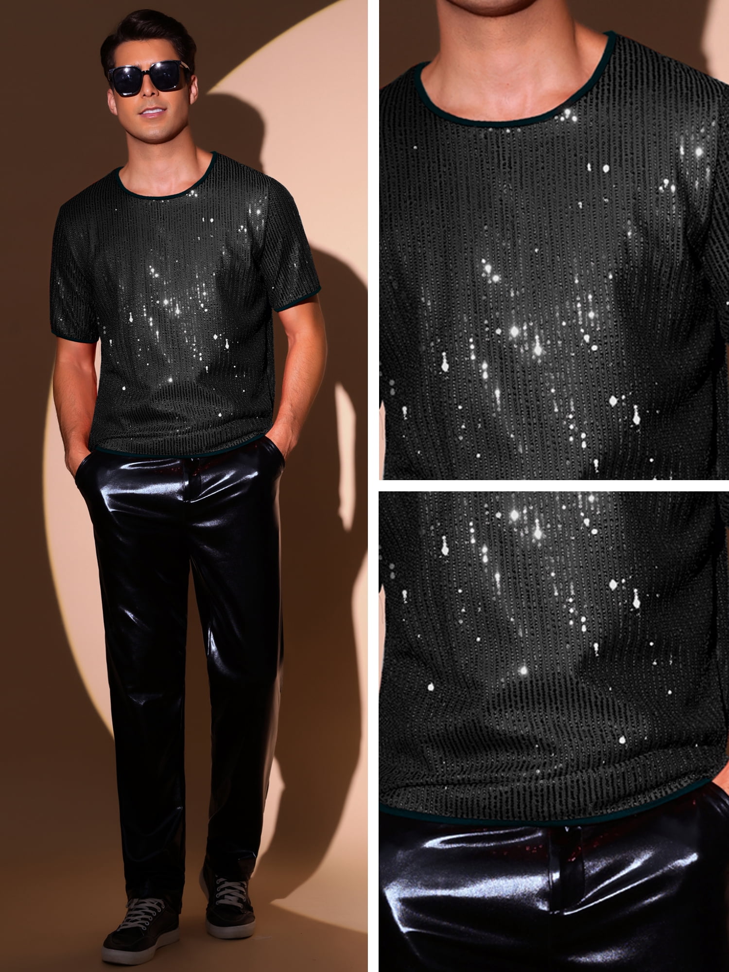 DARING DIVA Men's Short Sleeved Club Rave Party Sparkly Shiny Top S Black