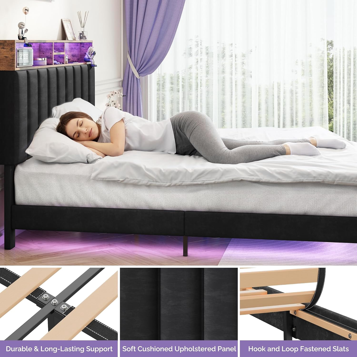 Sersper Queen Size Platform Bed Frame with Storage Upholstered Headboard, Built-in Charging Station & RGB LED Lights, Noise-Free, Easy Assembly, Black