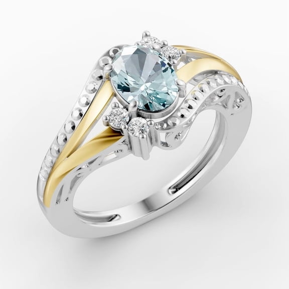 OMRE 925 Sterling Silver and 10K Yellow Gold Genuine Aquamarine Birthstone Ring Women