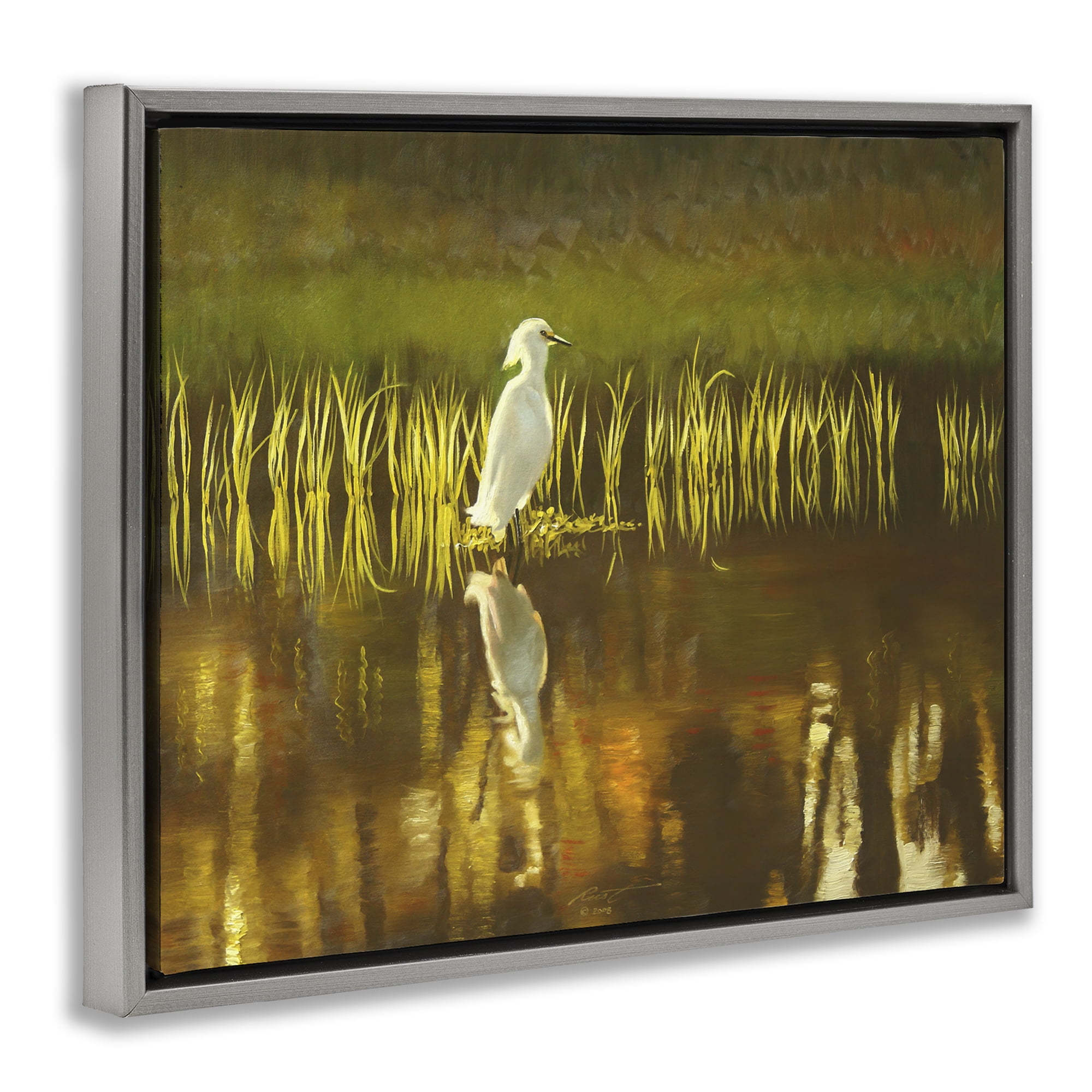 Stupell Industries Bird & Lake Botanicals Landscape Painting Gray Floater Framed Canvas Art Print Wall Art, 21 x 17