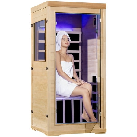 1 Person Far Infrared Sauna for Home Spa, Low EMF Wooden Dry Sauna Room with LCD Control Panel, Tempered Glass Door, 7 Colors Lighting, 66.93"x31.44"x31.44"