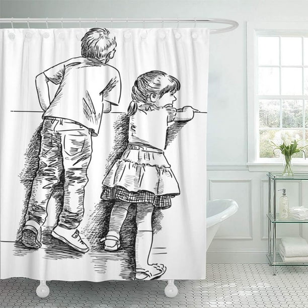 Pknmt Sketch Siblings Boy Back Curious, Boy Girl Bathroom Shower Curtain