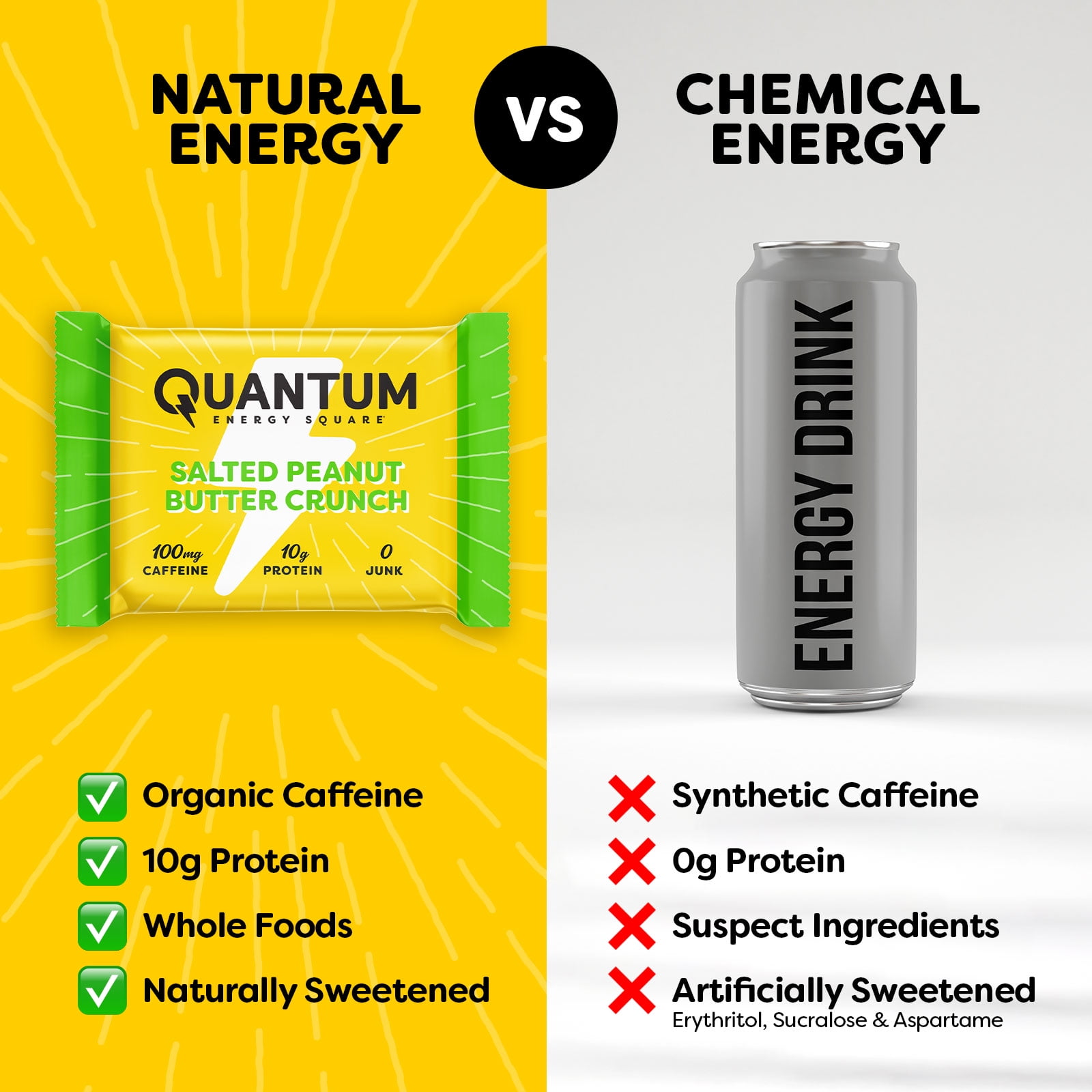 Quantum Energy Square: Energy Bar with Caffeine & 10g Protein. Delicious Healthy Snack On The Go. (Vegan, Gluten-free, Soy-free, Dairy-free). Flavor: Salted Peanut Butter Crunch 8Pk