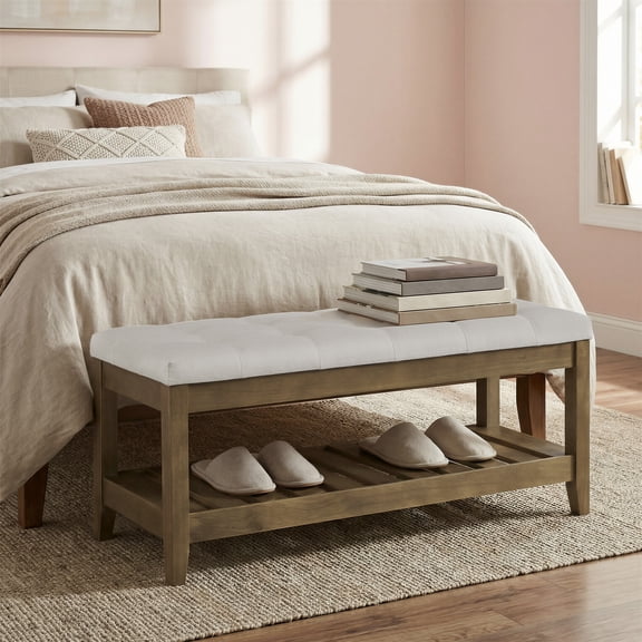 LEDREM Storage Ottoman with Solid Wood Frame, Upholstered End of Bed Bench, Tufted Cushion Window Seat, for Living Room Bedroom, Summer Sand