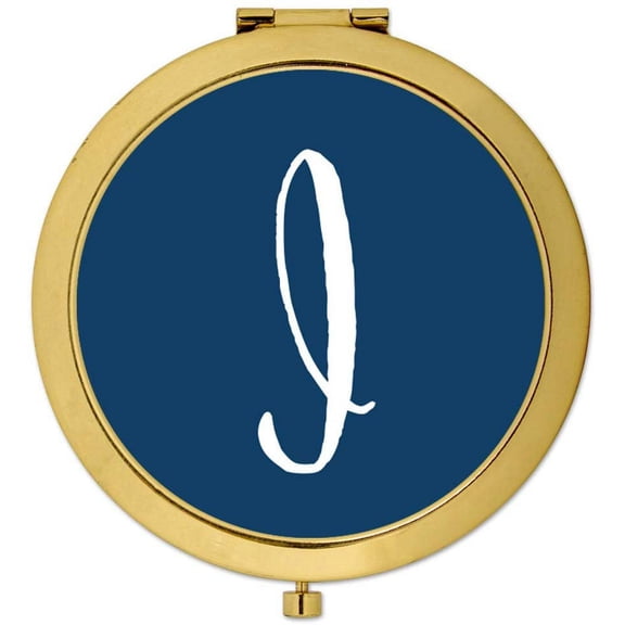 Koyal Wholesale Gold Compact Mirror Bridesmaid's Wedding Gift, Navy Blue, Monogram Letter I, 1-Pack