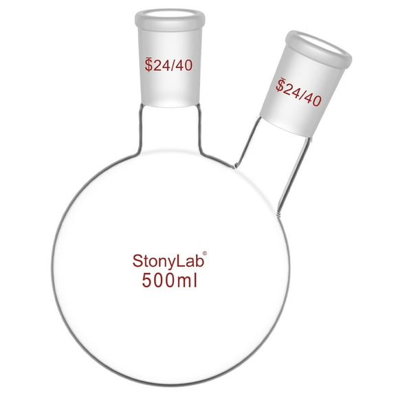 StonyLab 2-Neck Round Bottom Flask (RBF), 500ml Heavy Wall Borosilicate Glass, 24/40 Joint, Lab Flask
