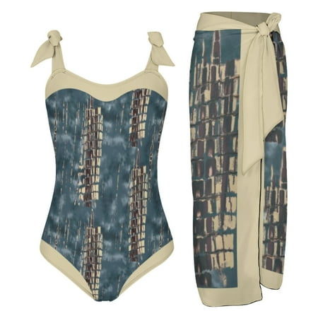 OJSFQUFP Womens Bathing Suit Dark Blue Women 1 Piece Swimwear+1 Piece Cover up Two Piece Print Swimsuit Monokini Bikini 2 Piece Swimsuits Two Piece Tankini Set Bathing Suit Cover up S