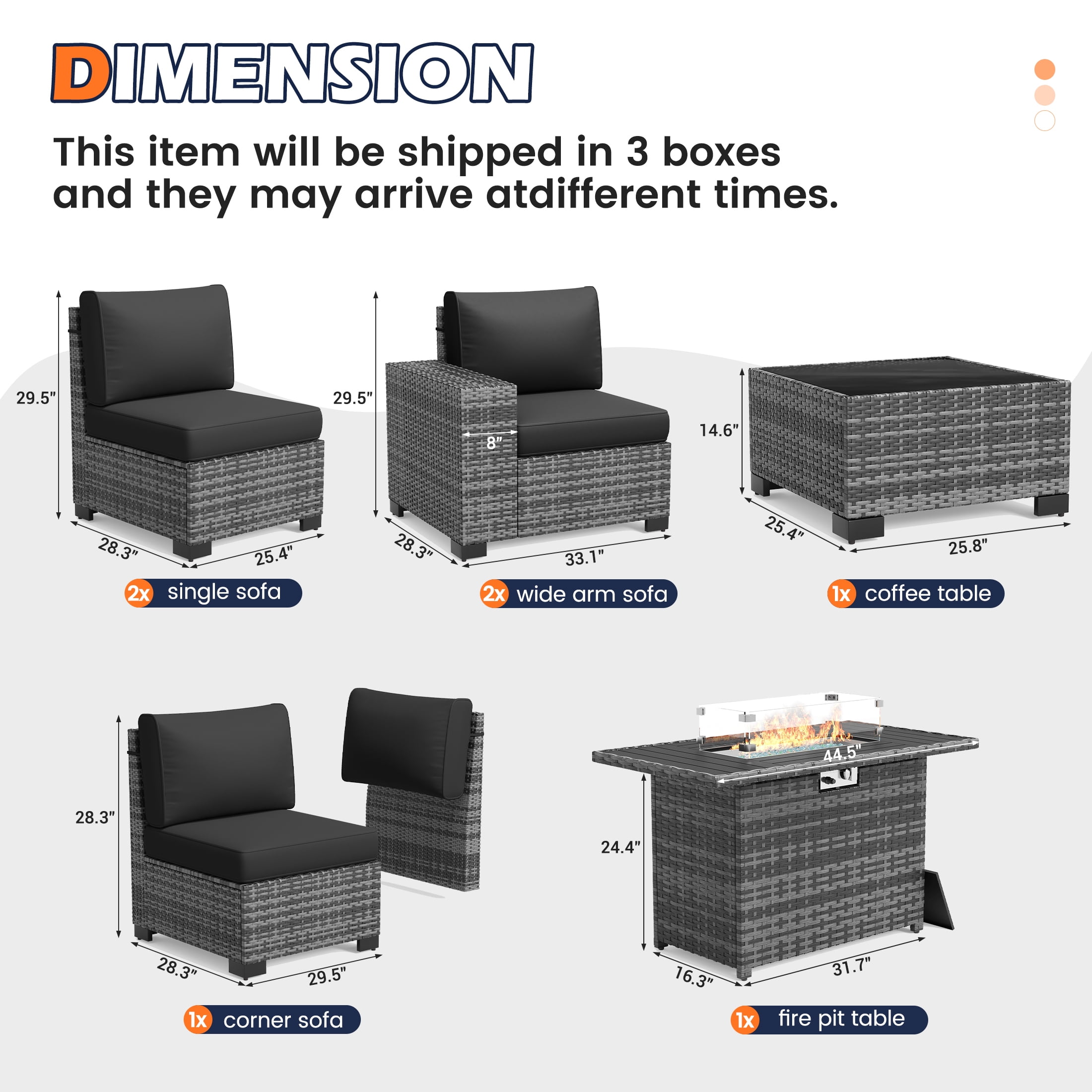 Poteban Outdoor Sectional with Fire Pit Table, 8 Inch Armrest Patio Furniture Set with Waterproof Cover for Garden Backyard, 4'' Thickened Cushion