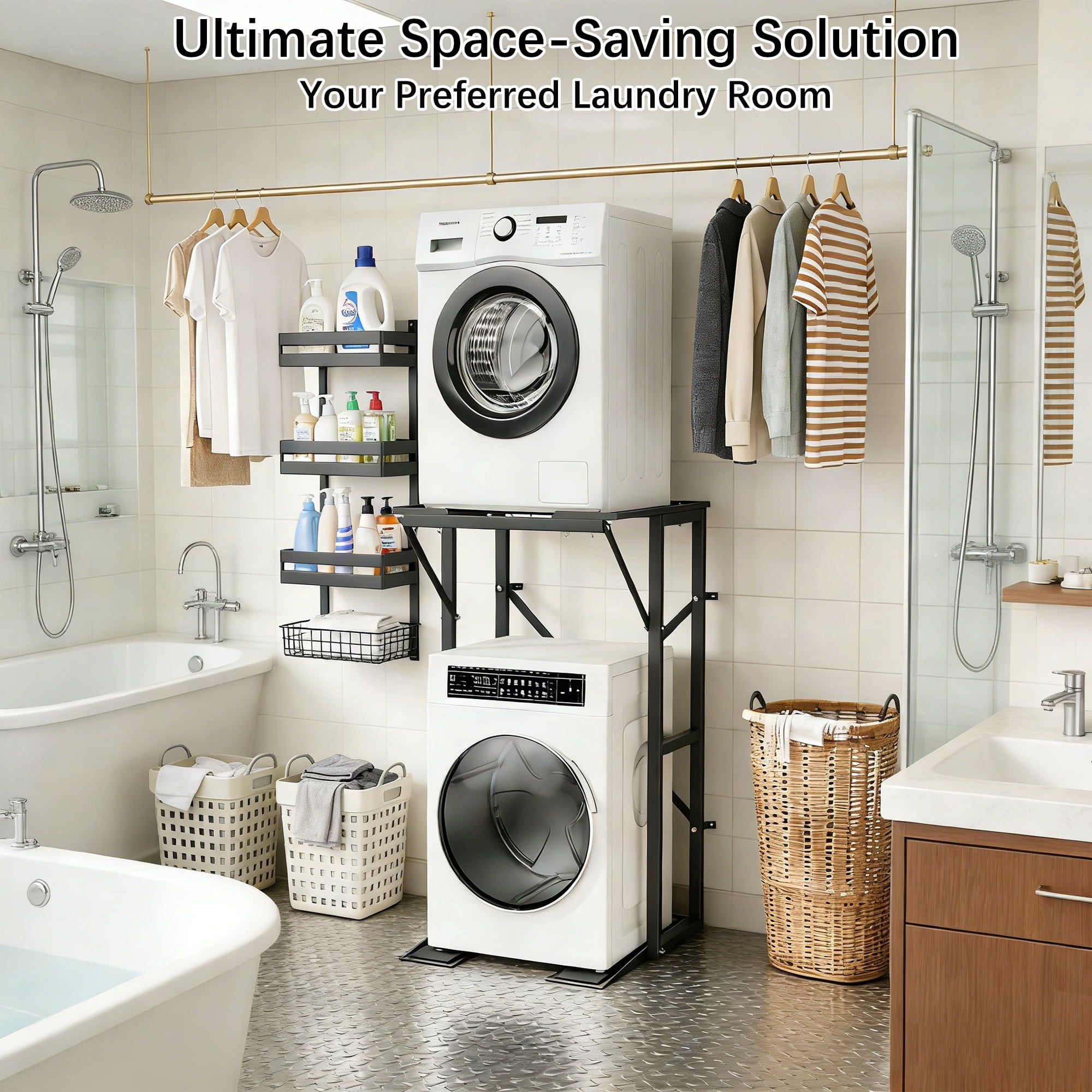 Universal Washer Dryer Stacking Stand, Heavy Duty Steel Washer Dryer Stacking Kit with Anti-Tip Brackets & Non-Slip Pads, Space Saving Laundry Appliance Stand