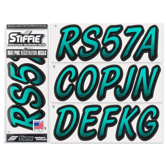 STIFFIE Whipline Deep Sea Teal / Black 3" Alpha-Numeric Identification Custom Kit Registration Numbers & Letters Marine Stickers Decals for Boats & Personal Watercraft PWC