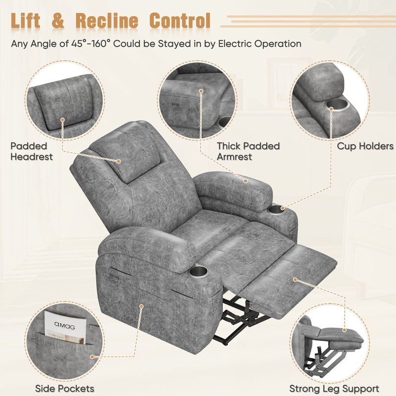 Homall Power Lift Recliner Chair Massage Designed Leathaire Fabric Single Sofa Specifically for Nursing,Gray