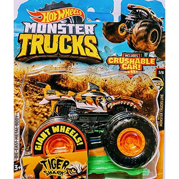 Hot Wheels Monster Trucks Tiger Shark Hot Wheels Monster Trucks Live 3 6 Includes Crushable Car Walmart Com Walmart Com
