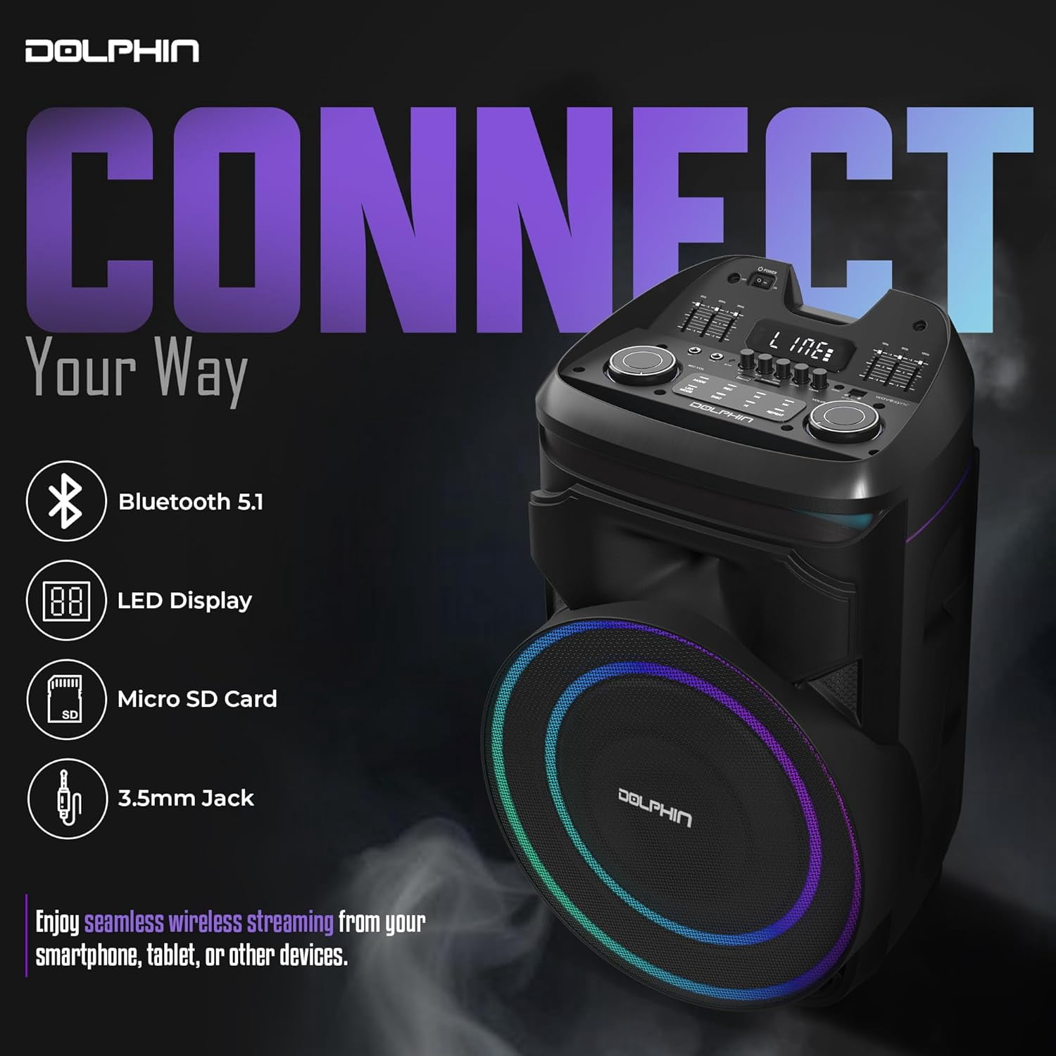 Dolphin SP-1800RBT 18" Portable Bluetooth Party Speaker – 100W RMS, Powerful 18" Woofer, LED Lights, WaveSync™, X-Bass, Rechargeable Battery, Bluetooth 5.1, 21" Tall – Perfect for Parties
