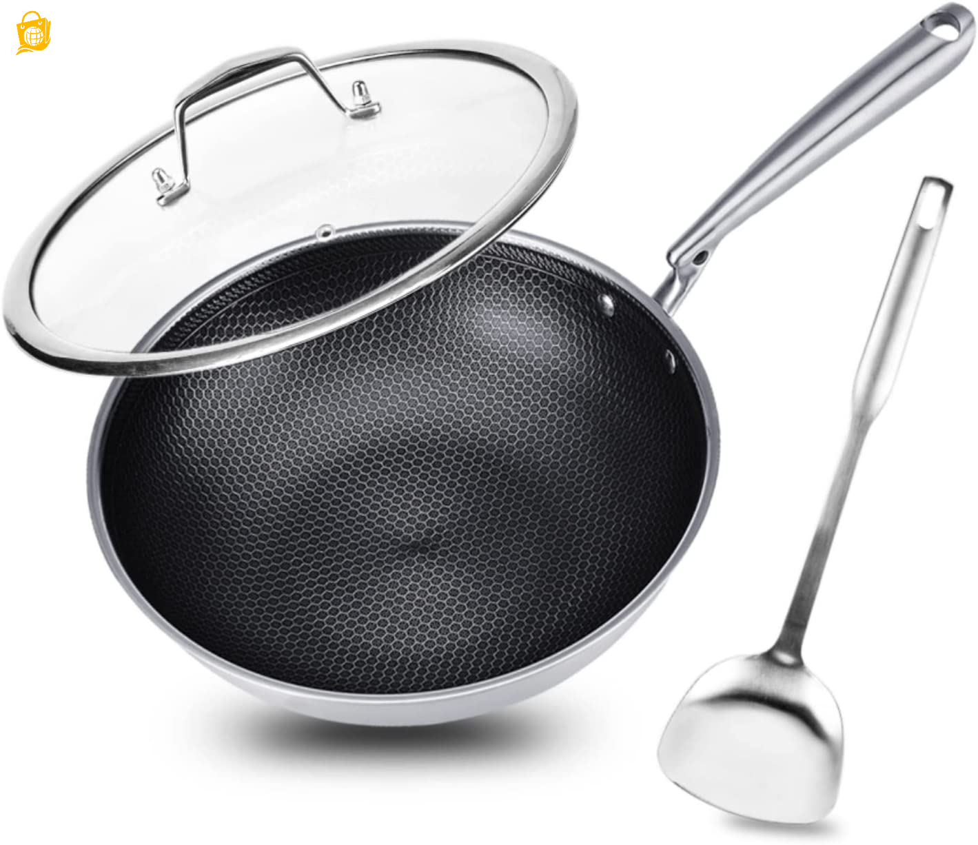 12 inch Stainless Wok with Lid Wok Nonstick Frying with Stay