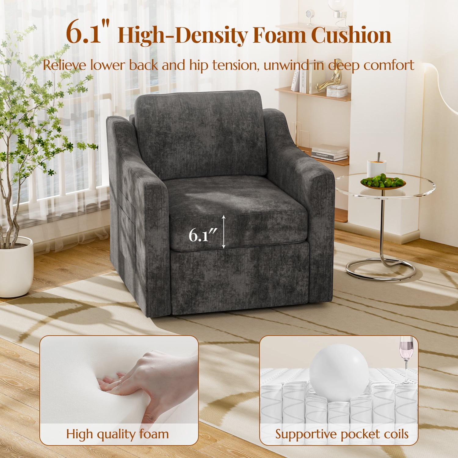 ZBOM 360° Swivel Modern Accent Chair Set of 2, Large Comfy Reading Chairs, Accent Square Single-seat Armchair Upholstered Sofa for Reading, Living Room, Bedroom, Black