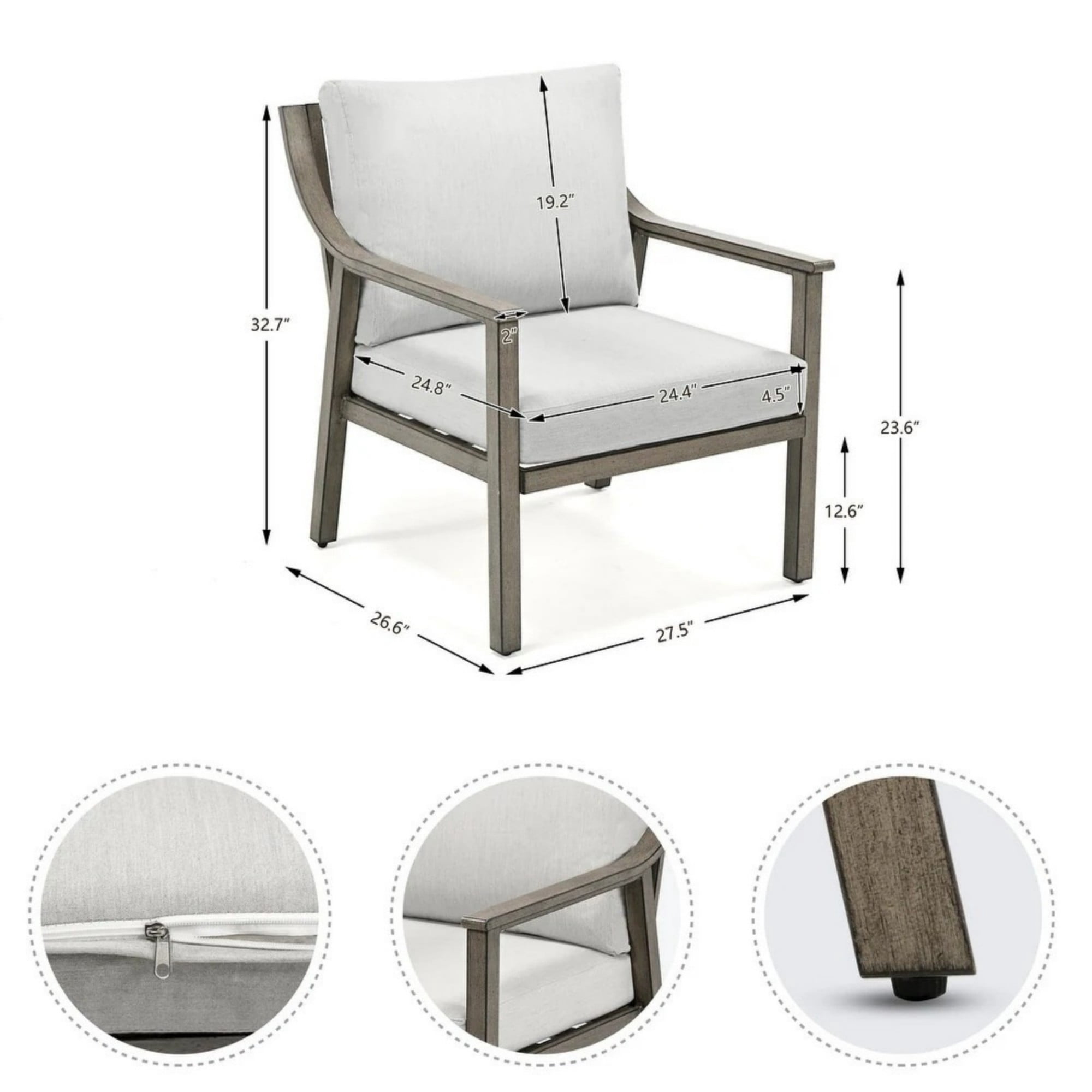 Patio Single Sofa Chair Outdoor Aluminum Armchair with Thick Cushion Waterproof Outdoor Seating for Porch Deck Backyard Balcony,White
