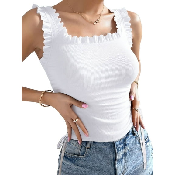 Cute Crop Tops for Women Tank Tops Ribbed Ruffle Strap Square Neck Womens Trendy Going Out Preppy Tops White S