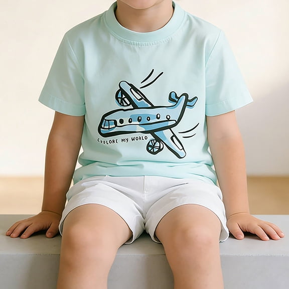 Girl Shirts Breathable Cartoon Airplane Print Short Sleeve Round Neck Top Toddler Clothes for Girls Mint Green 2-3Y