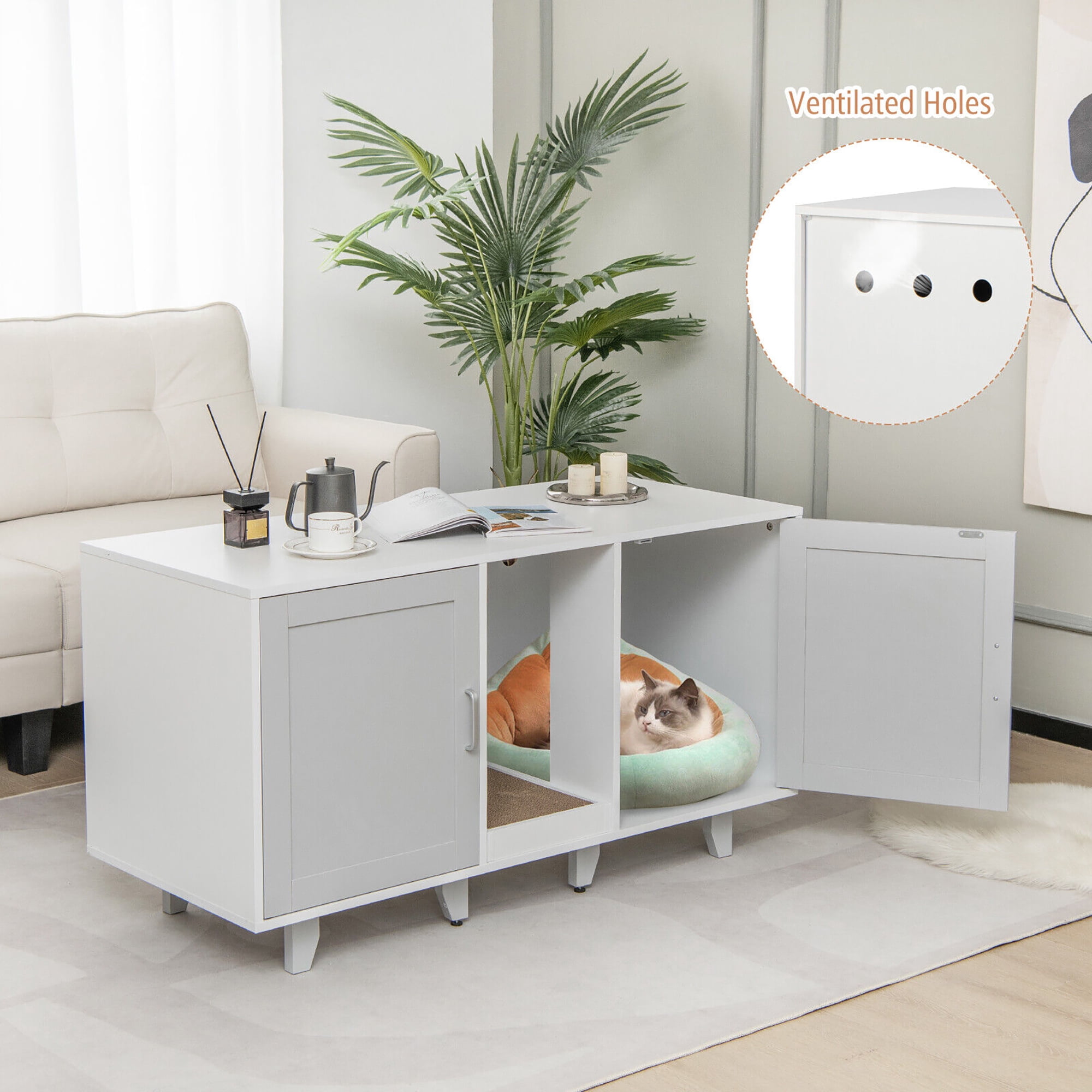 Gymax Cat Litter Box Enclosure Hidden Cat Washroom w/ 2 Doors Grey Patented