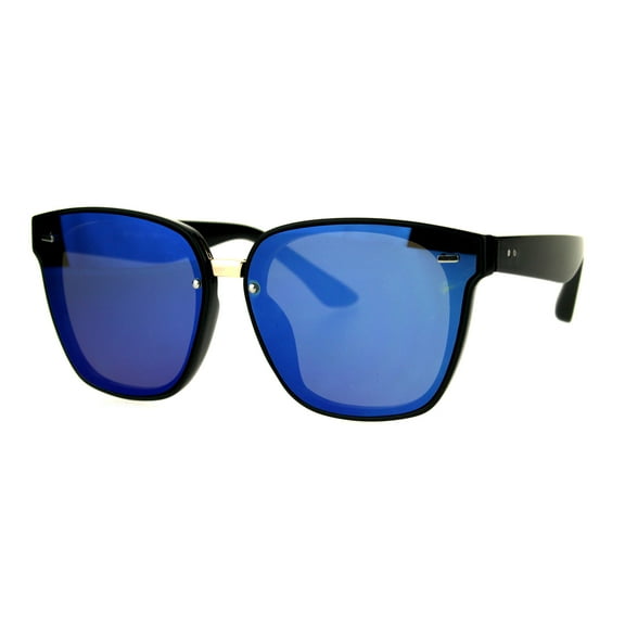 Trendy Hipster Panel Lens Horned Rim Color Mirror Sunglasses Black Blue