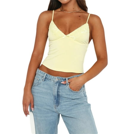 

Women Sexy Y2K Spaghetti Strap Camisole Sleeveless Backless Crop Tops V Neck Lace Cami Bustier Summer Streetwear