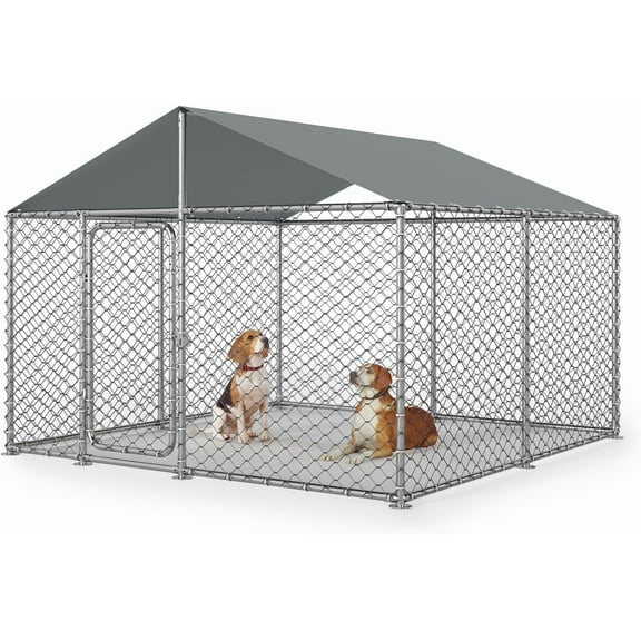 YOKWOK 7.5×7.5ft Outdoor Dog Kennel Outside with Metal Large Dog Gate, Outdoor Dog Pens with Roof, Heavy Duty Dog Kennel for Backyard Farm Use