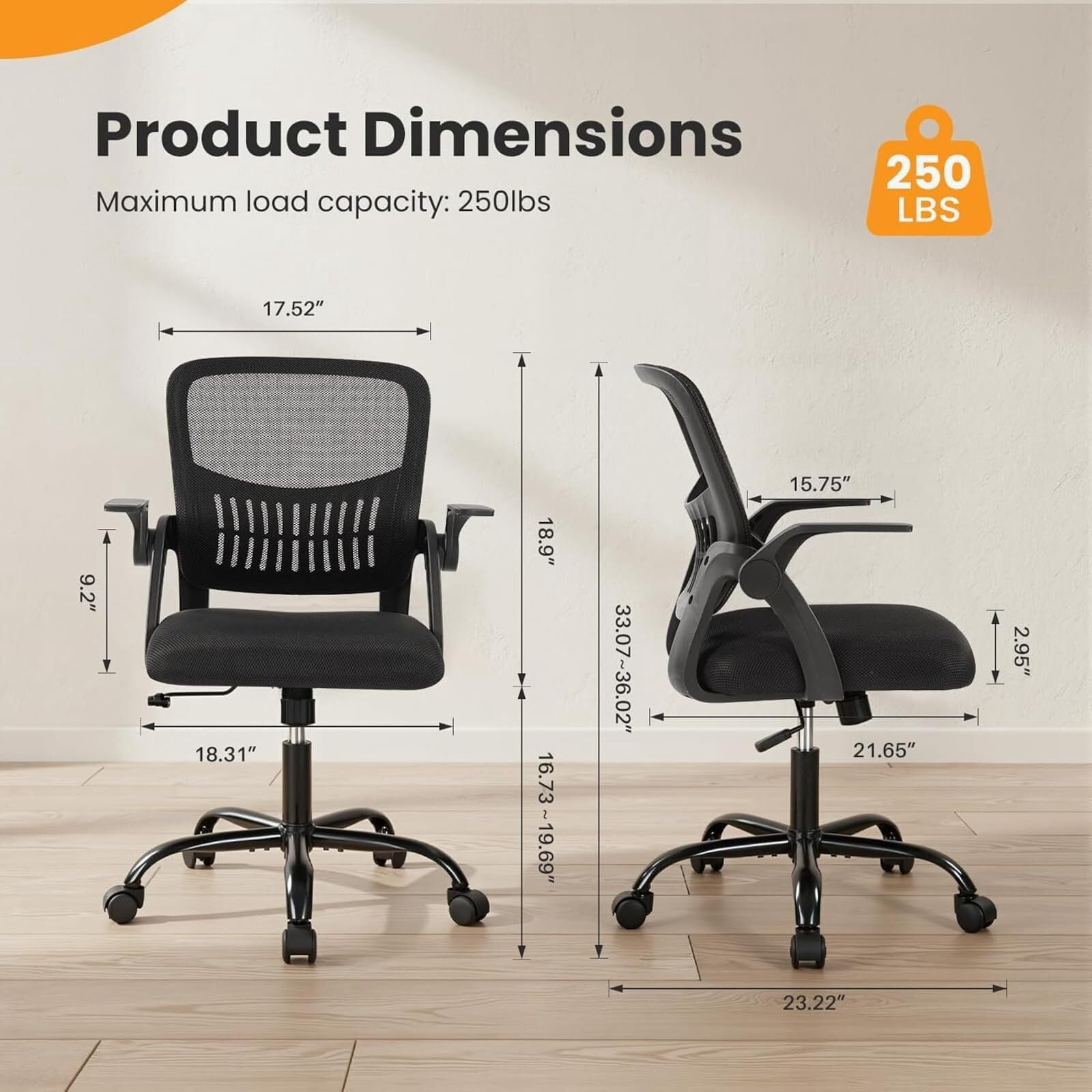 Kelno Ergonomic Mesh Office Chair Mid Back Desk Chair with Lumbar Support Flip-up Armrests Adjustable Height Swivel Task Chair, Black