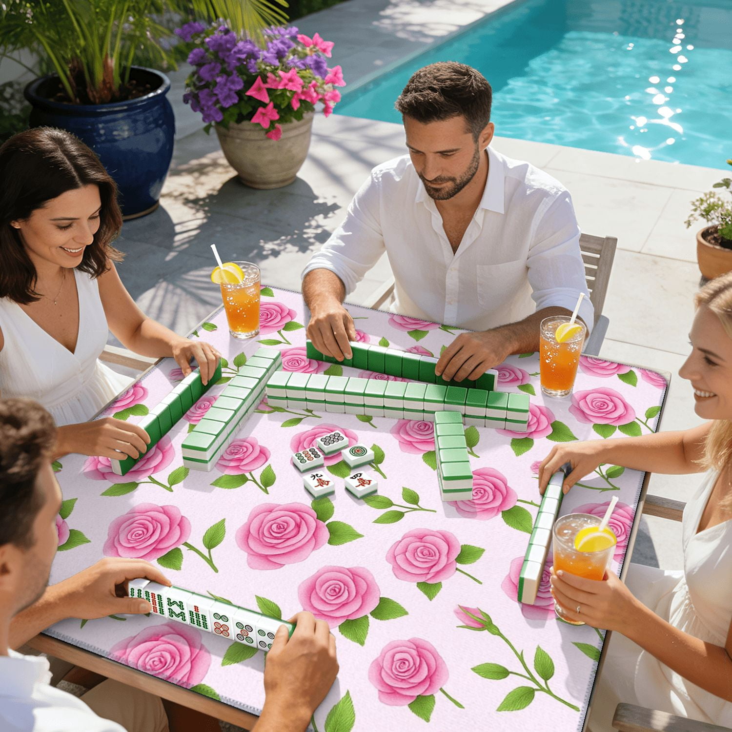 Mahjong Mat 31.5" x 31.5" Seamless Pink Rose Flower Green Leaves Light Non-Slip Noise Reduction American Mahjong Tiles Table Cover for Dominoes Poker Card Board Games Gift