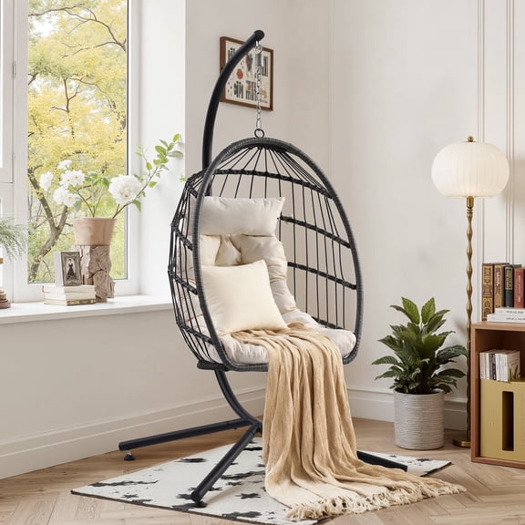 Haverchair Foldable Hanging Egg Chair with Stand, Indoor/Outdoor Wicker Swinging Chair with Cushion and Headrest, Rattan Hammock Chair for Patio, Bedroom, Balcony, Garden, 350LBS Capacity