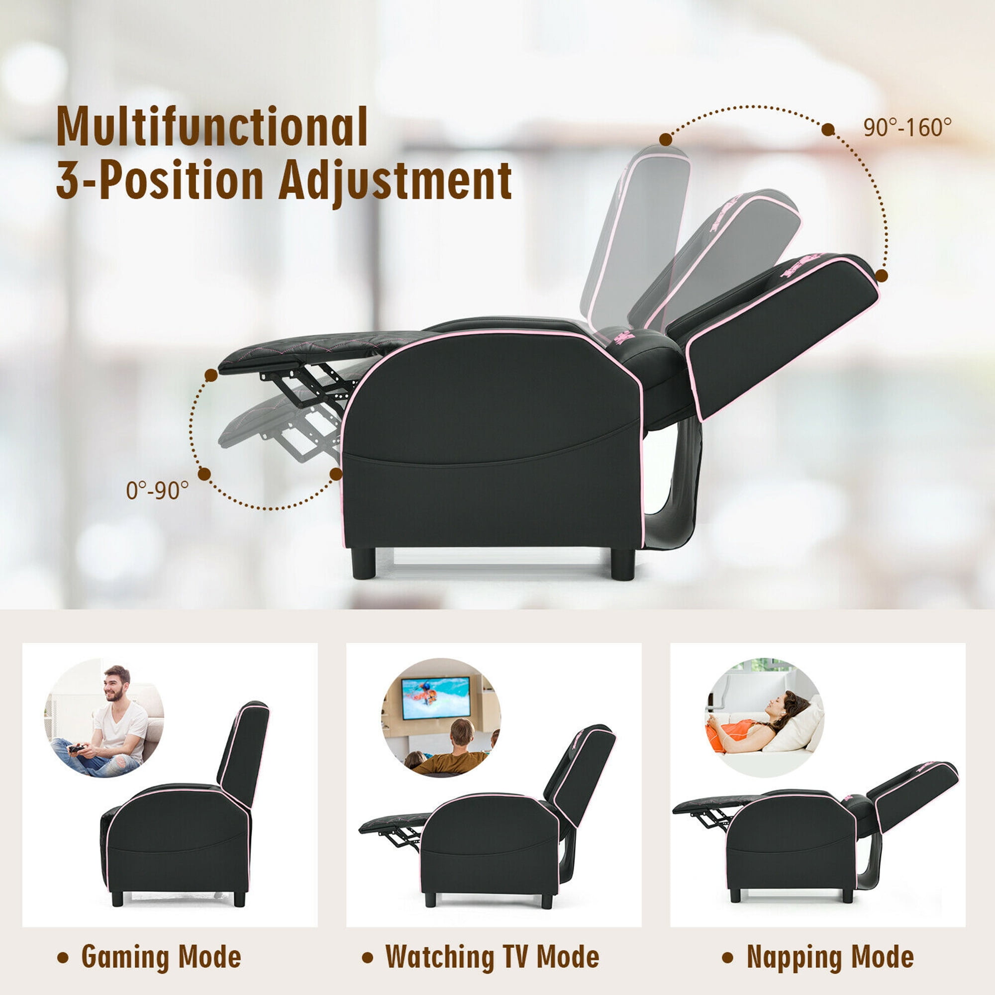 Gymax PU Leather Single Sofa Home Theater Seat Massage Gaming Recliner Chair Pink