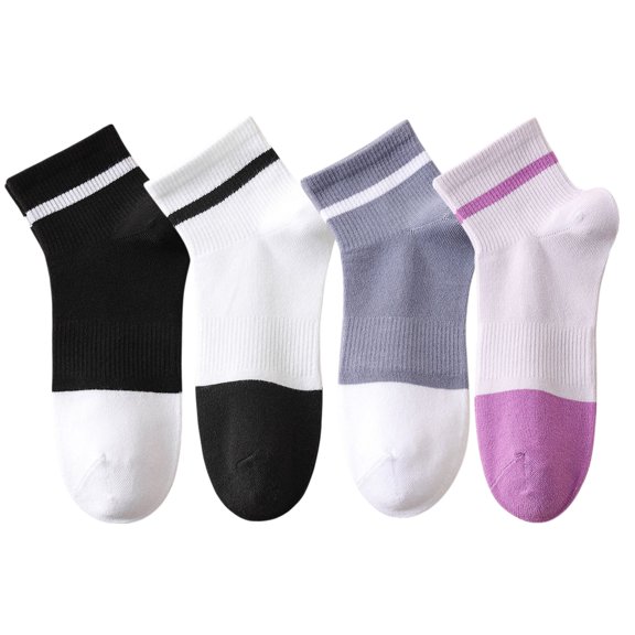 4 Pairs Women's Seamless Cotton Ankle Socks Breathable Stretch Ribbed Cuff in Assorted Color Block Design - 4 pairs-C