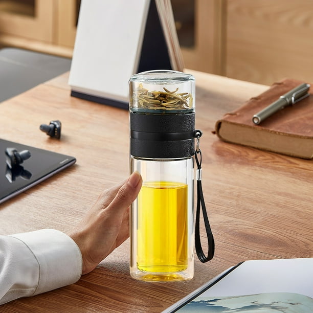 Botella de agua de vidrio de doble pared, taza de té con infusor, portátil y a prueba de fugas, con aislamiento térmico, ideal para viajes de oficina, diseño de boca ancha, infusor de acero inoxidabl