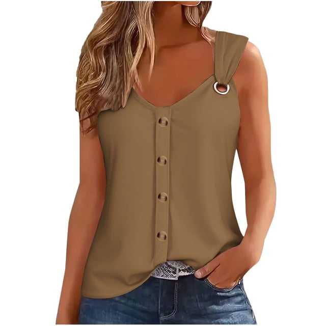 Yuzhih Débardeur à Boutons pour Femme 2025 Été Décontracté Ample Cami Col Rond Sans Manches Hauts
