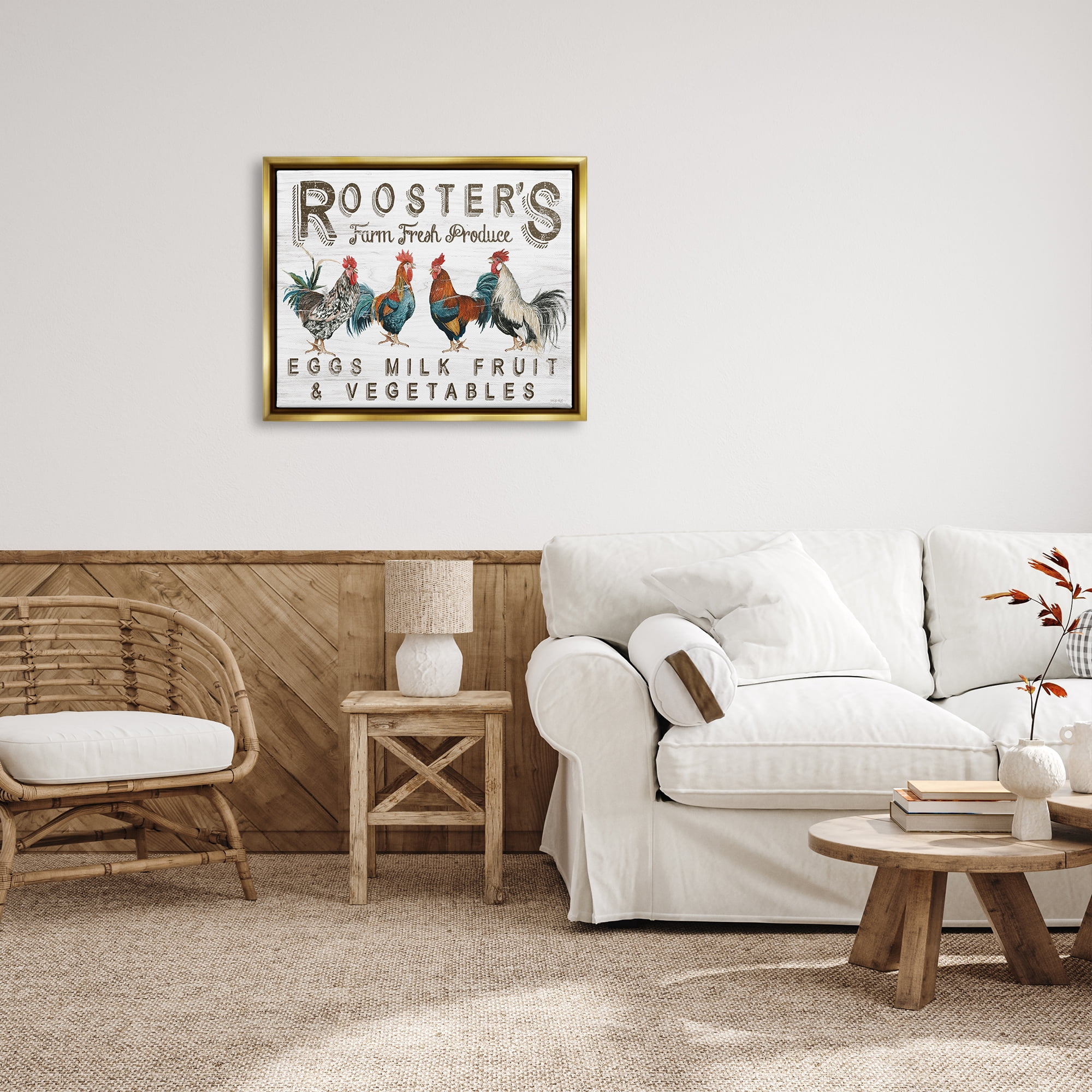 Stupell Rustic Roosters Farm Fresh Produce Animals & Insects Painting Gold Floater Framed Art Print Wall Art
