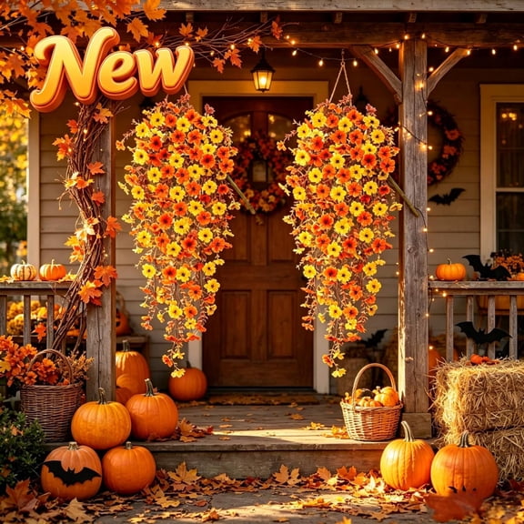 Fall Teardrop Floral Swag, Artificial Hanging Flowers for Outdoor, UV Resistant Mums Maple Leaf Fake Floral Swag, Reusable Rustic Front Door Porch Decor for Halloween Thanksgiving Harvest Home Cafe