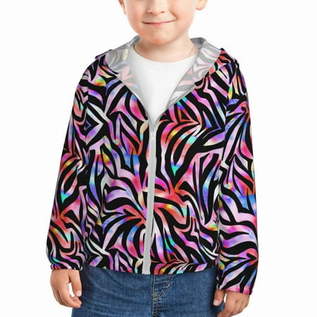 

Sun Hoodie for Kids Colorful bright zebra print Long Sleeve Swim Fishing Shirts Sun Protection Zip Up Jacket Clothing Athletic Hoodie