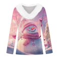 thumbnail image 5 of Hearthz Christmas Sweater Women Faux Fur Trim V Neck Sweatshirts Xmas Christmas Snowman Print Top for Women Winter Warm Plus Size Pullover Tops Shirts, 5 of 6