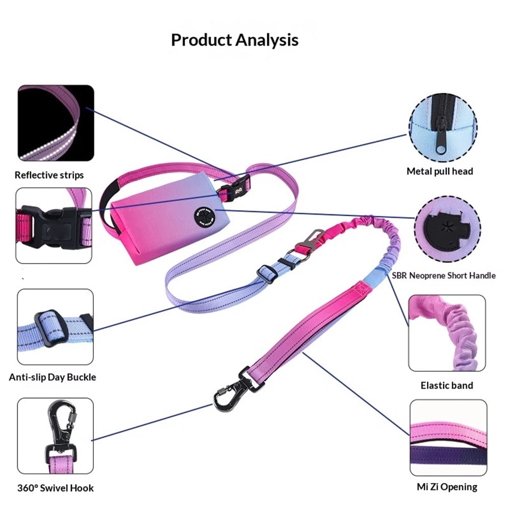 Hands Free Dog Leash with Zipper Pouch, Bungee Waist Leash for Medium Large Dogs Walking, Running Lead with Padded Handles Car Safety Buckle for Training Jogging