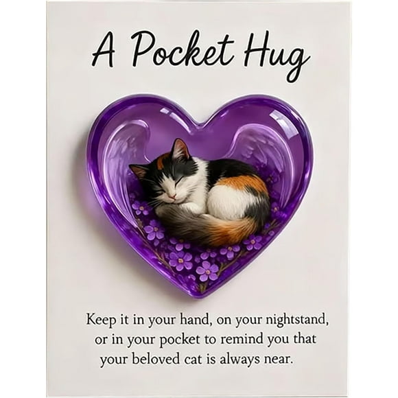 Heart-Shaped Cat Memorial Pocket Hug with Inspirational Card, Cute Cat Pocket-Sized Acrylic Keepsake Animal Ornaments Thoughtful Gift for Encouragement, Comfort, Emotion Support (#03)