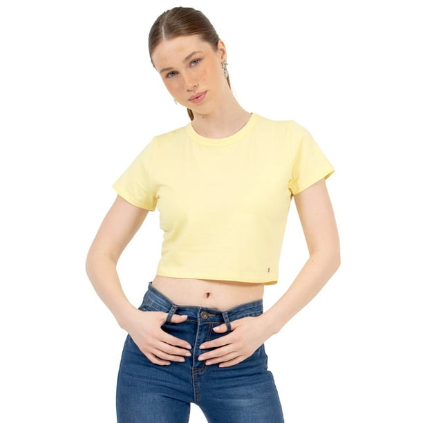 Playera Crop Básica Manga Corta Para Mujer Quarry Color Amarillo