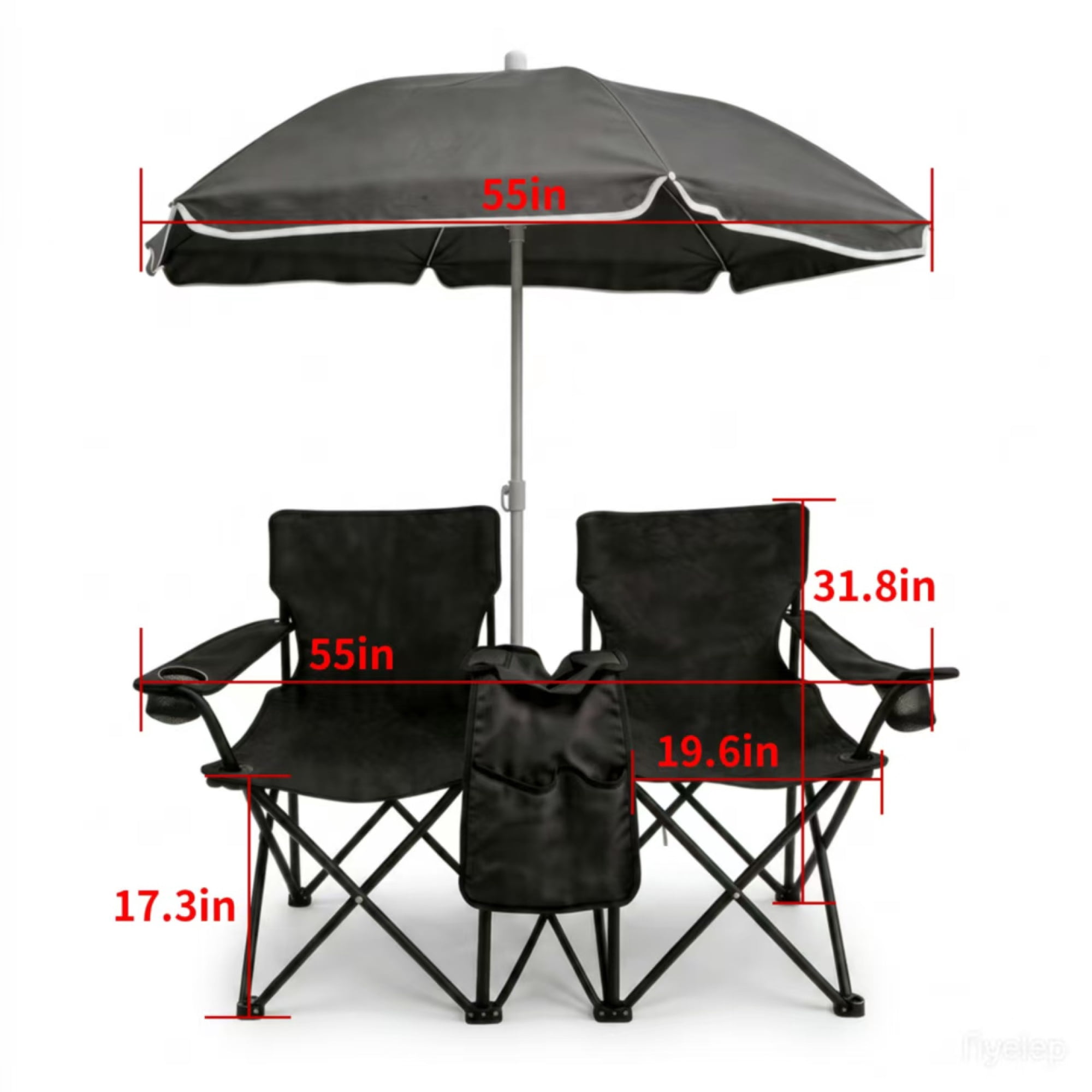 Leumius Double Camping Chair with Umbrella,Folding Camping Chair with Canopy Shade,Carrying Bag, Table,Cup Holder for Beach Patio Pool Park Outdoor,Black