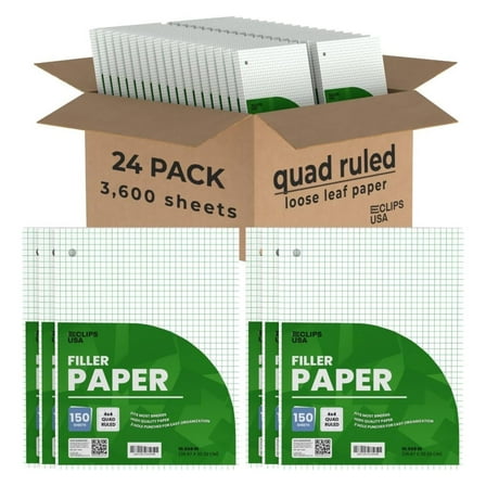 Graph Paper, Loose Leaf Graph Paper, 4 x 4 An Inch Quad Ruled Graph Paper, 10.5” x 8” Graphing Paper, 56 gsm, 150 Per Pack, 3600 Sheets (24 Pack)