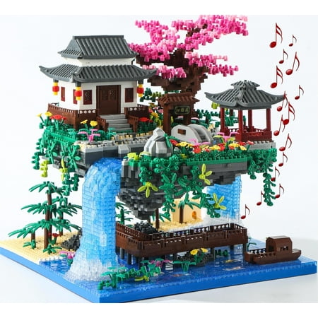 yushinv cherry blossom tree building set with gift box, original music (type :symphony), japanese sakura tree house lights building kit 3320 pcs